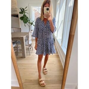 J.Crew 100% Cotton Voile Button-Front Dress Blue Boho Size Small Block Print‎